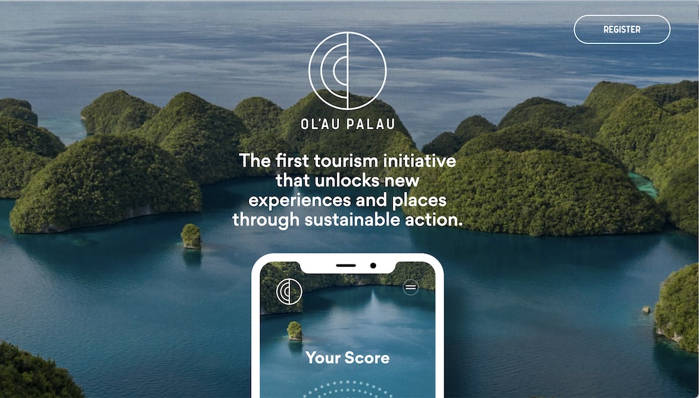 Ol’au Palau app interface showing a scenic view of lush green islands and blue water. The app promotes unlocking new experiences through sustainable tourism actions.