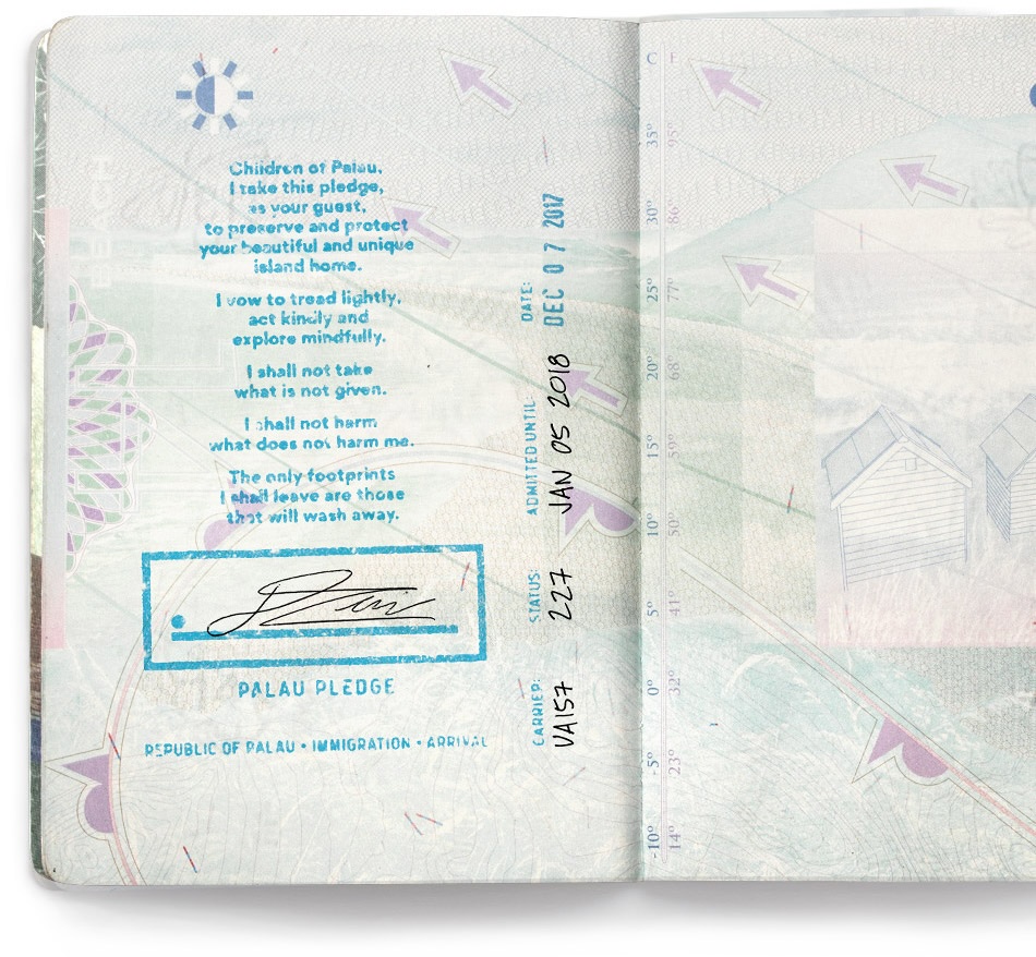 The image depicts a page from a passport featuring the Palau Pledge. 