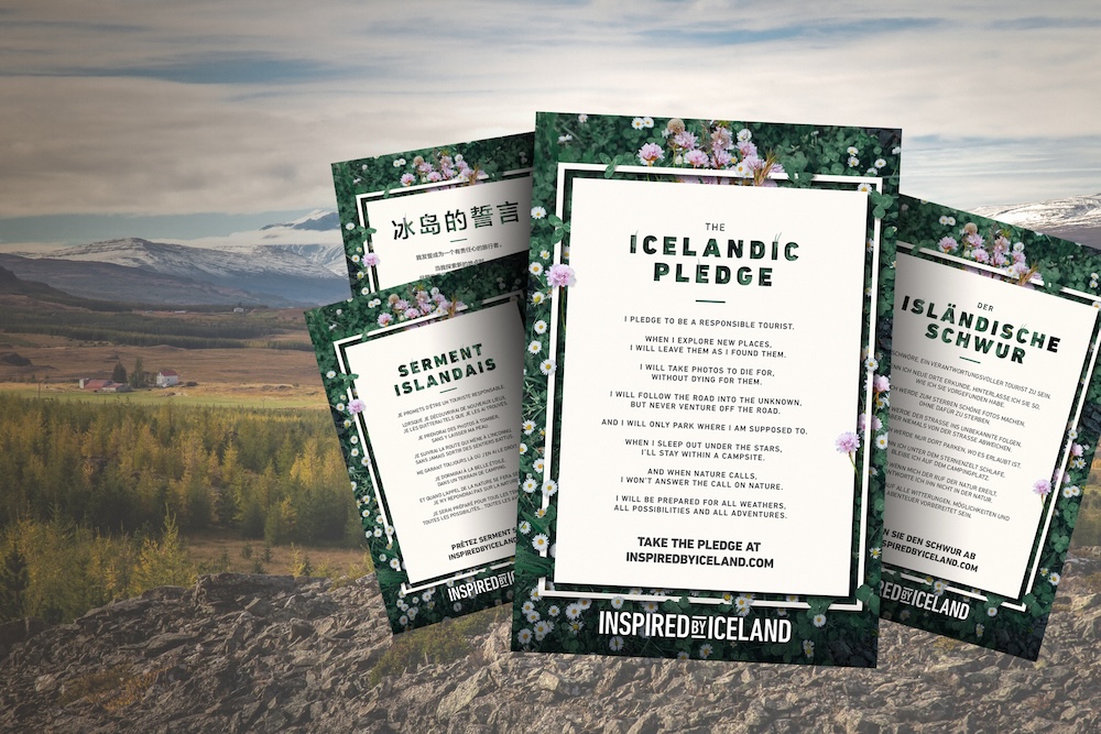 mage showing multiple versions of “The Icelandic Pledge” in different languages, displayed against a scenic Icelandic landscape.