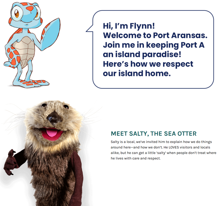 An illustrated turtle named Flynn welcomes visitors to Port Aransas and encourages them to help protect the island. Flynn is bright blue with an orange and red shell pattern. Below, Salty the Sea Otter, a plush puppet with a friendly face and brown fur, is introduced. Salty loves the island and emphasizes respecting the environment.