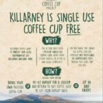 A poster promoting the Killarney Coffee Cup Project, an initiative to reduce single-use coffee cups in the Killarney area. The poster shows options for people to choose from, such as bringing their own reusable cup, purchasing a reusable 2GoCup, or sitting in and enjoying their coffee without a disposable cup.