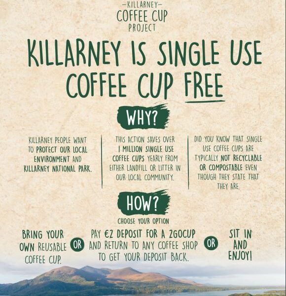 A poster promoting the Killarney Coffee Cup Project, an initiative to reduce single-use coffee cups in the Killarney area. The poster shows options for people to choose from, such as bringing their own reusable cup, purchasing a reusable 2GoCup, or sitting in and enjoying their coffee without a disposable cup.