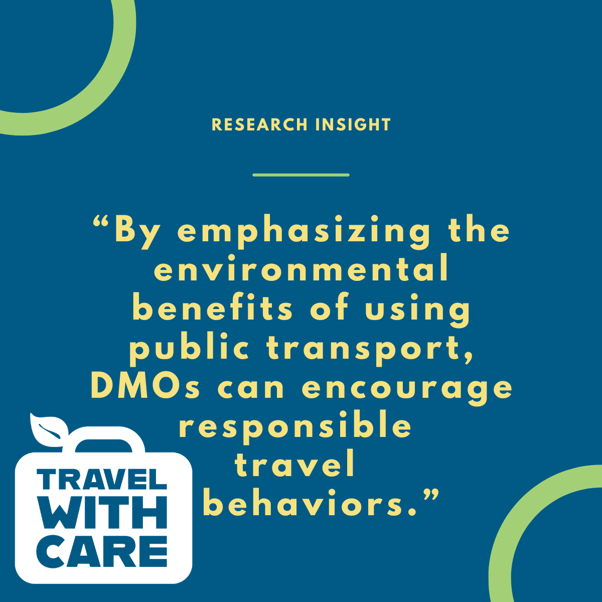 A blue graphic with the heading "Research Insight" in yellow text, featuring the quote "By emphasizing the environmental benefits of using public transport, DMOs can encourage responsible travel behaviors." In the bottom left corner, there is a white suitcase icon with a leaf and the text "Travel with Care."