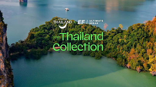 Aerial view of a lush green island in a turquoise bay, with the text "Amazing Thailand EF Ultimate Break The Thailand Collection" overlaid.