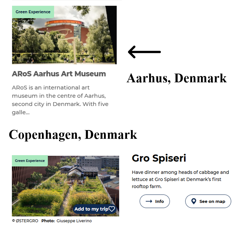 Screenshot showing examples of "Green Experience" labels used by tourism websites in Denmark. The top image highlights ARoS Aarhus Art Museum in Aarhus, and the bottom image features Gro Spiseri, a rooftop farm restaurant in Copenhagen.