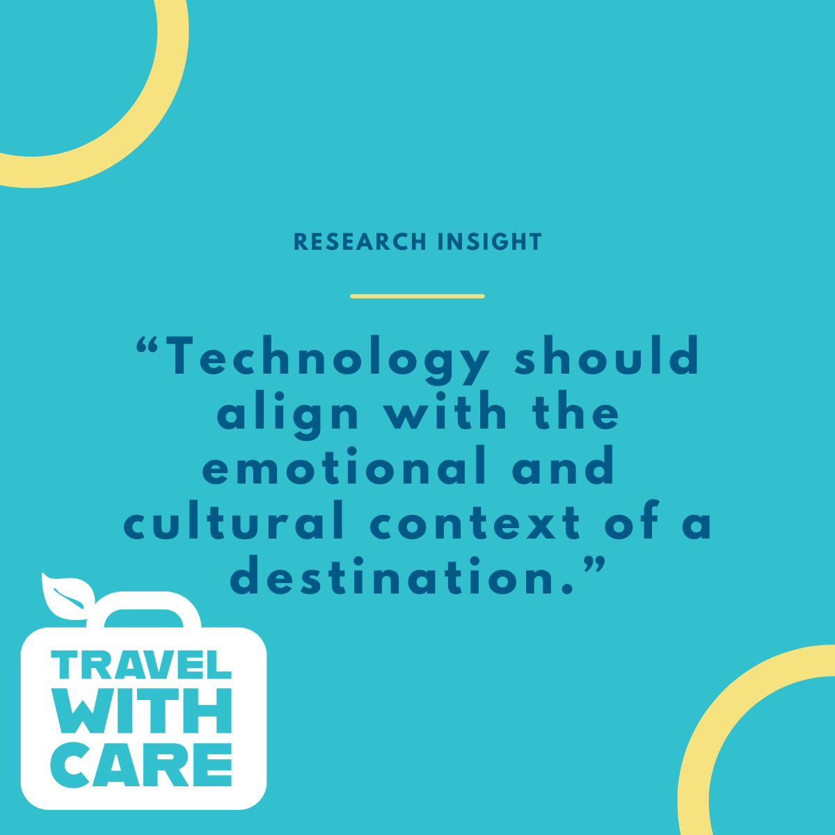A graphic titled "Research Insight" with a quote in bold navy text on a turquoise background: “Technology should align with the emotional and cultural context of a destination.” The Travel With Care logo appears at the bottom left.