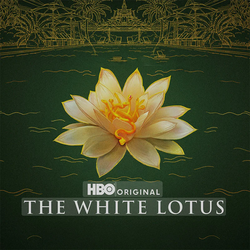 The logo for the HBO Original series 'The White Lotus', featuring a stylized white and yellow lotus flower with intertwining snake-like figures in its center, floating on a dark green surface that resembles water. In the background, an outline of a resort with palm trees and sun loungers is visible in gold.