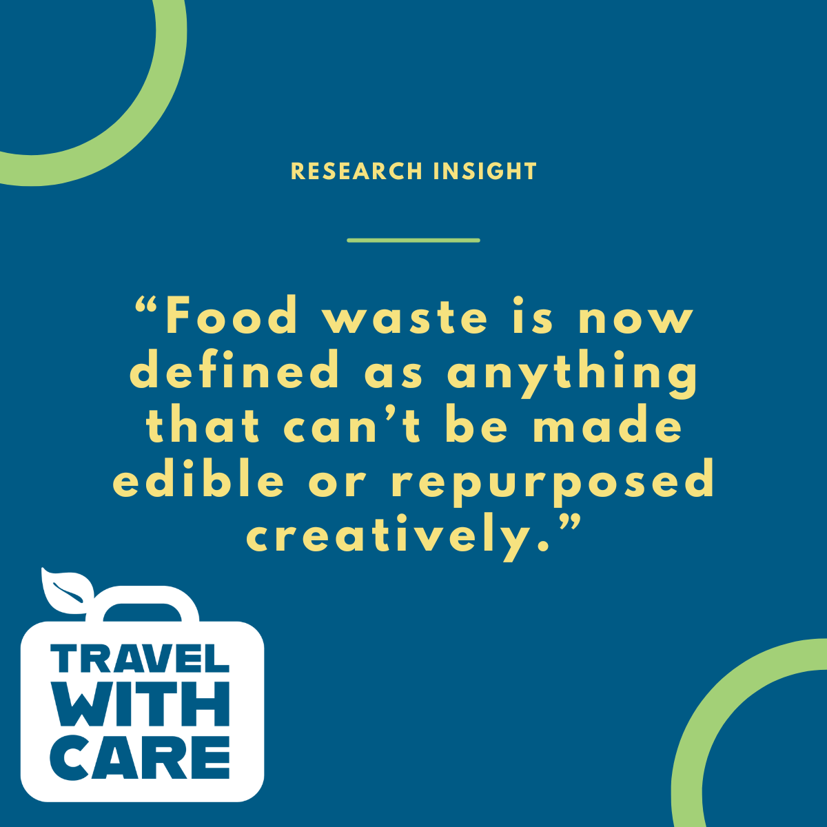 A dark teal background with the words "RESEARCH INSIGHT" at the top. Below that, in large yellow text, is the quote: "Food waste is now defined as anything that can't be made edible or repurposed creatively." In the bottom left corner, there's a white icon of a suitcase with a leaf on top and the words "TRAVEL WITH CARE" written below it in dark teal. There are also two partial green rings in the top left and bottom right corners.