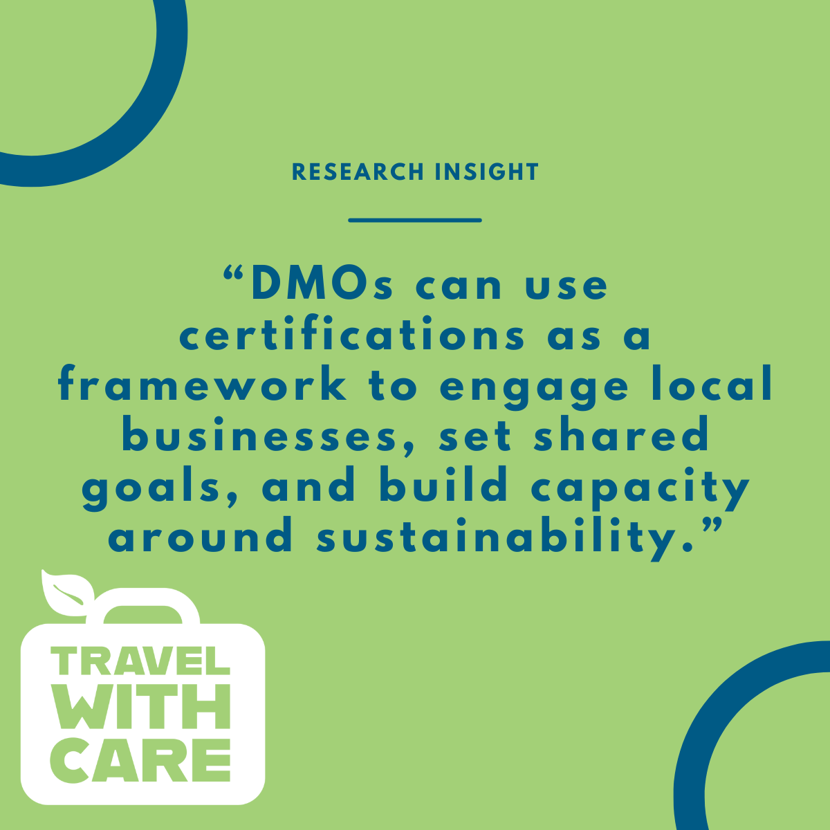 Green graphic with blue text reading “DMOs can use certifications as a framework to engage local businesses, set shared goals, and build capacity around sustainability.” Includes Travel With Care logo.
