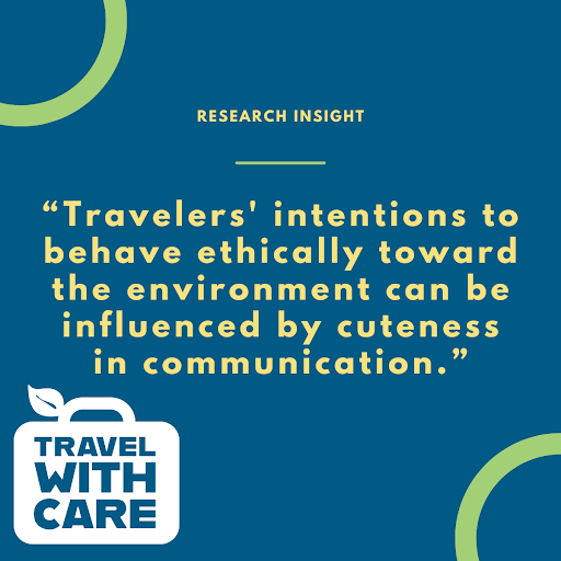 A navy blue and green graphic with the title "RESEARCH INSIGHT." A large yellow text box contains the quote, "Travelers' intentions to behave ethically toward the environment can be influenced by cuteness in communication." Below the quote is a white logo that says "TRAVEL WITH CARE" next to a white suitcase with a green leaf on top.