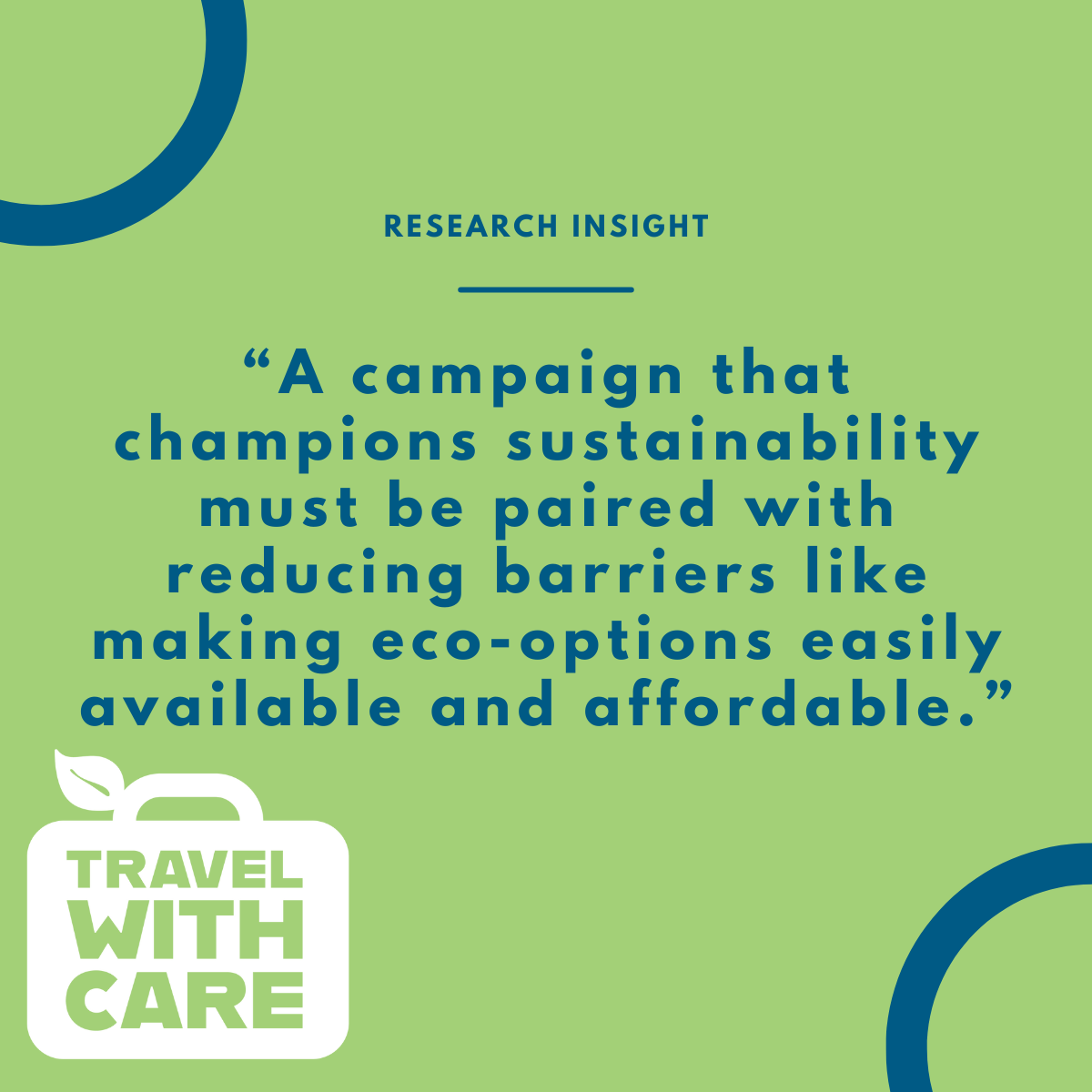 A green and blue graphic with a quote that reads: "A campaign that champions sustainability must be paired with reducing barriers like making eco-options easily available and affordable." Below the quote, a white icon of a suitcase with a leaf on top has "TRAVEL WITH CARE" written inside.