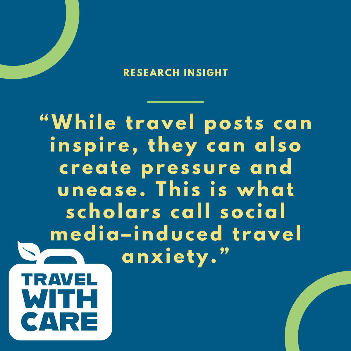 A blue graphic with yellow text that reads, “While travel posts can inspire, they can also create pressure and unease. This is what scholars call social media–induced travel anxiety.” The image includes a white suitcase icon with the words “Travel With Care.”