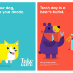Two colorful Take Care Tahoe posters. The left poster has a yellow cartoon dog next to a pile of poop with the text "If it's your dog, then it's your doody." The right poster shows a white cartoon rabbit next to a stop sign in a forest scene with a lake in the background, with the text "Keep your tails on established trails."