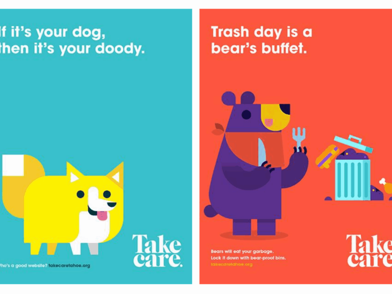 Two colorful Take Care Tahoe posters. The left poster has a yellow cartoon dog next to a pile of poop with the text "If it's your dog, then it's your doody." The right poster shows a white cartoon rabbit next to a stop sign in a forest scene with a lake in the background, with the text "Keep your tails on established trails."