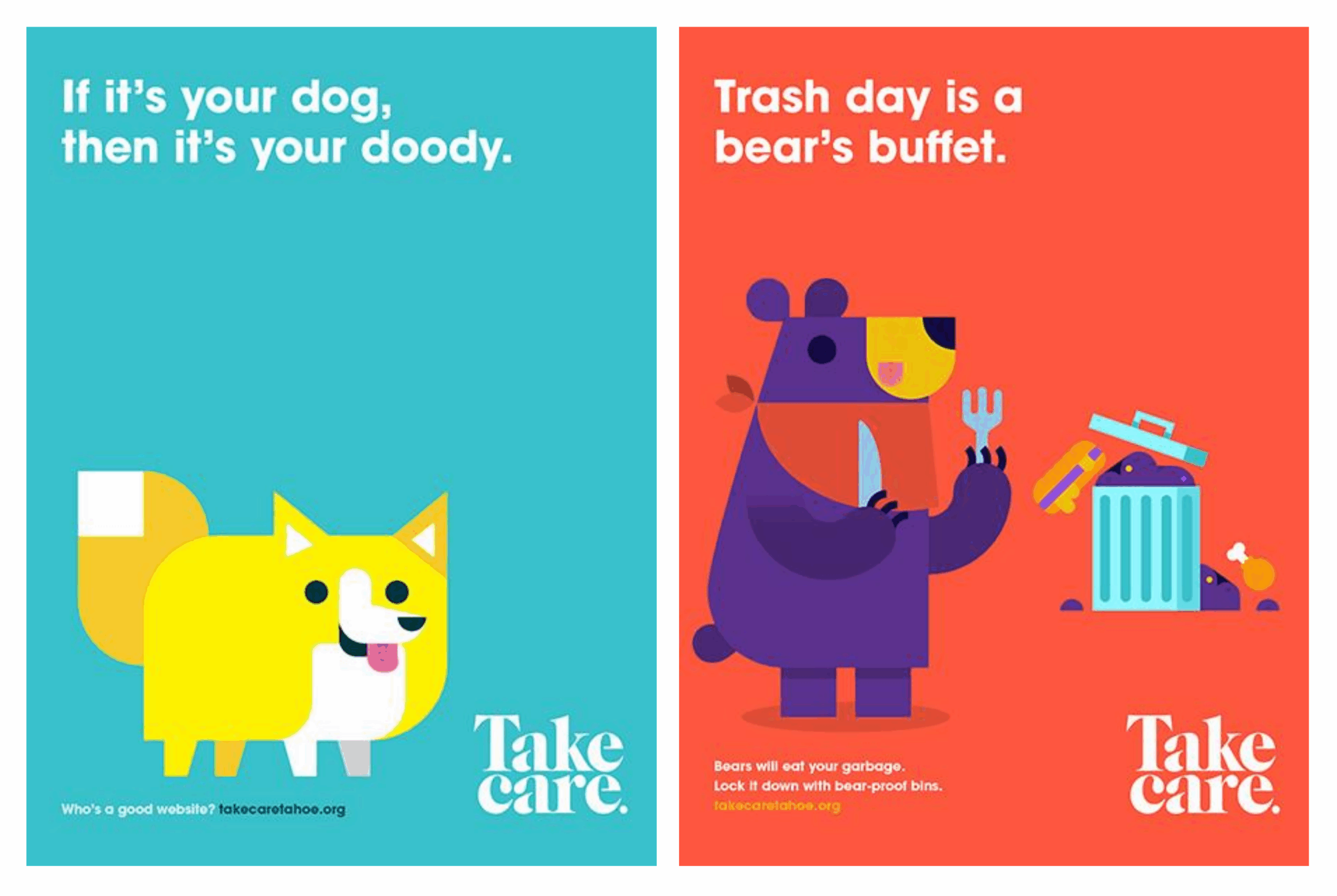 Two colorful Take Care Tahoe posters. The left poster has a yellow cartoon dog next to a pile of poop with the text "If it's your dog, then it's your doody." The right poster shows a white cartoon rabbit next to a stop sign in a forest scene with a lake in the background, with the text "Keep your tails on established trails."
