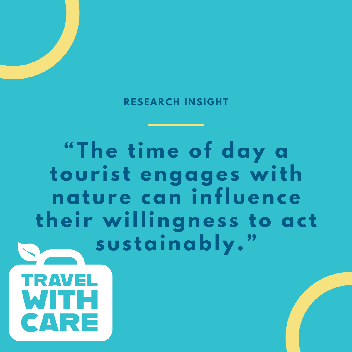 Travel with Care logo and text overlay: 'RESEARCH INSIGHT: The time of day a tourist engages with nature can influence their willingness to act sustainably.
