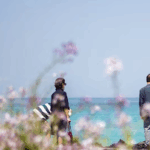 Visitors enjoy a scenic day by the turquoise waters of Jeju Island, surrounded by blooming flowers along the coast.