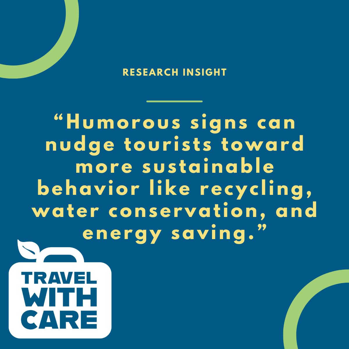 A blue graphic with yellow text that reads: “Humorous signs can nudge tourists toward more sustainable behavior like recycling, water conservation, and energy saving.” The words “Research Insight” appear above, and a white suitcase icon with a leaf says “Travel With Care.”