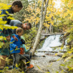 A family with two young children explores a forested trail beside a small waterfall in autumn, surrounded by yellow and green foliage. One adult kneels by the creek while the children play with sticks near the water.