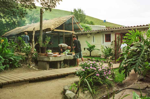A small group of people gather around an outdoor table in a lush garden setting with tropical plants, a rustic cottage, and a thatched-roof structure in the background.