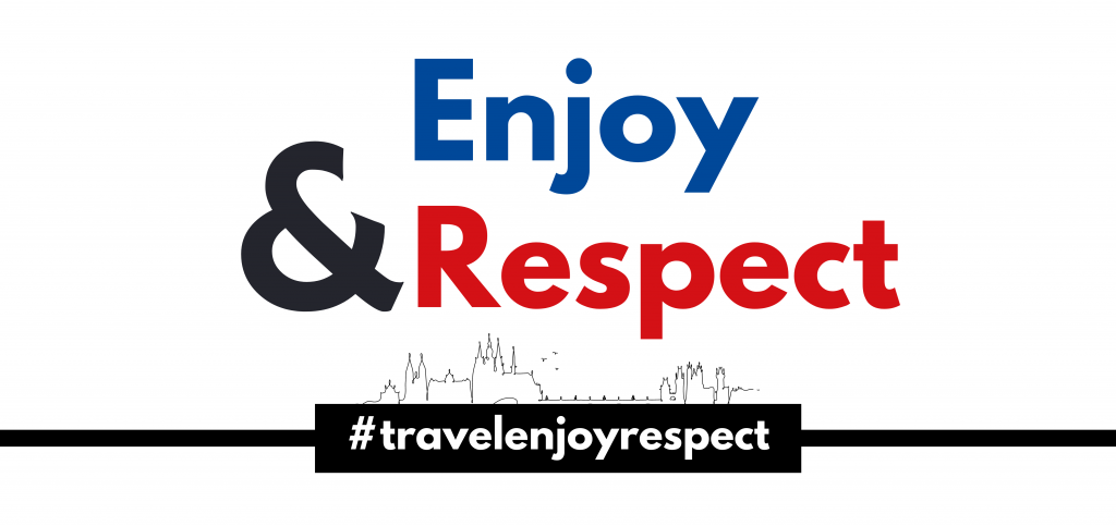 A graphic reading “Enjoy & Respect” with “Enjoy” in blue and “Respect” in red, placed above a black-and-white outline of Prague’s skyline. Below the skyline is a black banner featuring the hashtag #travelenjoyrespect.