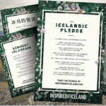 Four illustrated posters titled “The Icelandic Pledge” are displayed in English, Chinese, French, and German against a scenic Icelandic backdrop of mountains, trees, and a small building.