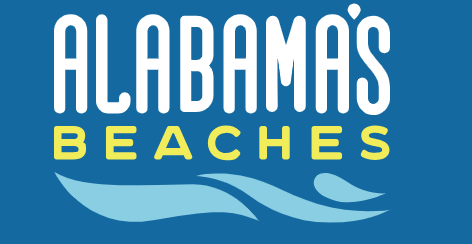 Alabama’s Beaches logo featuring white and yellow text with a stylized wave on a blue background.