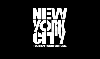 Bold, white geometric text on a black background reading “New York City Tourism + Conventions,” arranged in a stacked, modern block‑style layout.